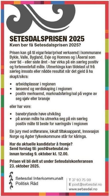 Annonse for Setesdalsprisen 2025 - Klikk for stort bilete