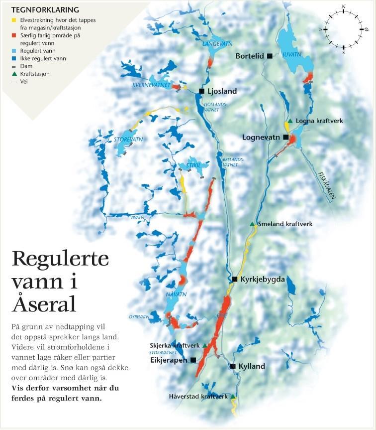 Kart over regulerte vatn i Åseral - Klikk for stort bilete